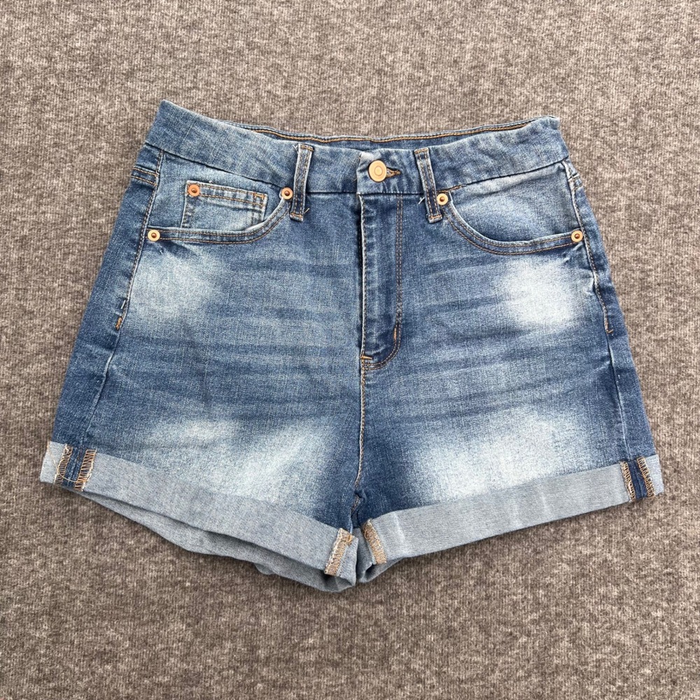No Boundaries Womens High Rise Cuffed Denim Shorts Medium Wash Blue Size 9 4740‎